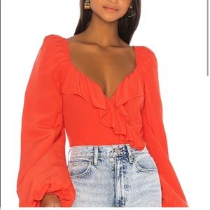 NWOT Revolve Lovers + Friends Astrid red/orange bodysuit with balloon sleeves